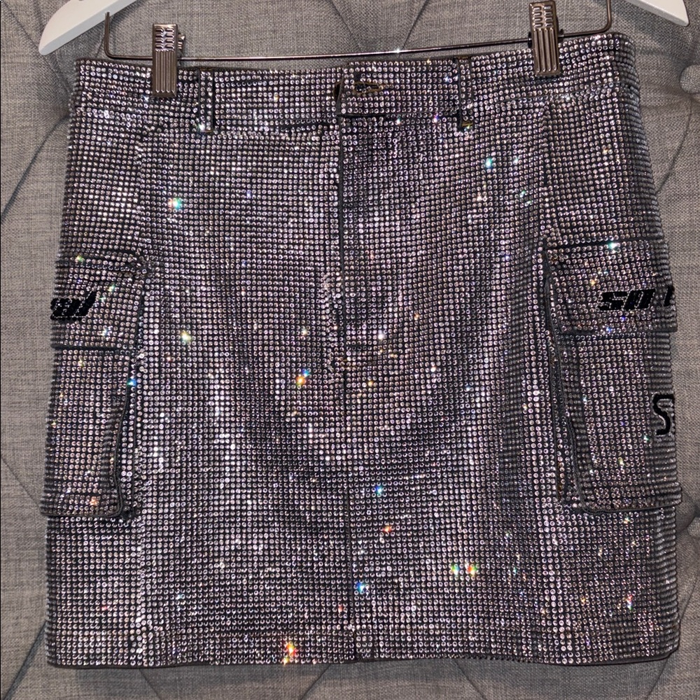 Gsuwoo So Real Rhinestone Silver Mini Skirt